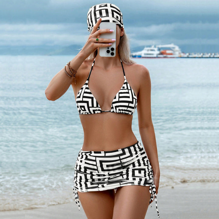 Damen Triangel-Bikini mit Wickelrock und grafischem Muster Drune