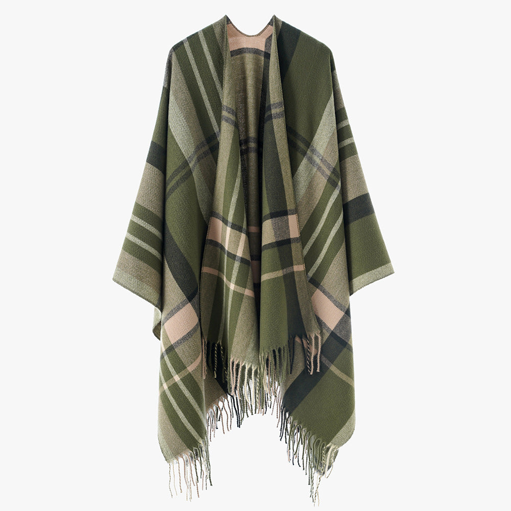 Damen Oversize Poncho-Cape mit Karomuster und Fransen Drune