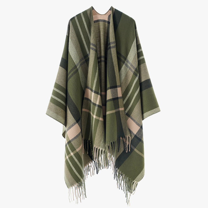 Damen Oversize Poncho-Cape mit Karomuster und Fransen Drune