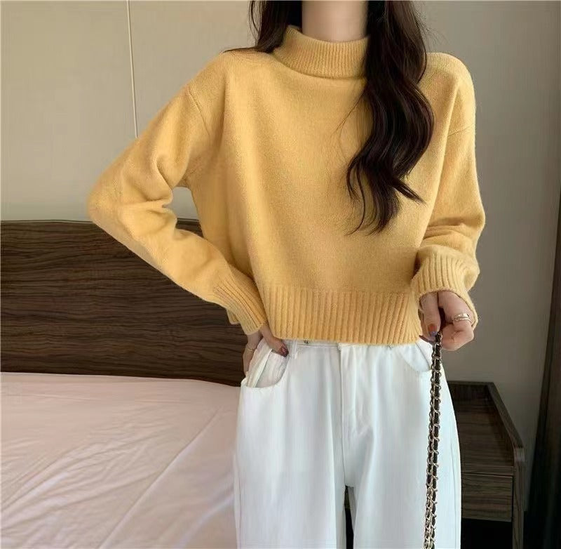 Damen bequemer und eleganter Crop-Pullover mit hochgeschlossenem Kragen Drune