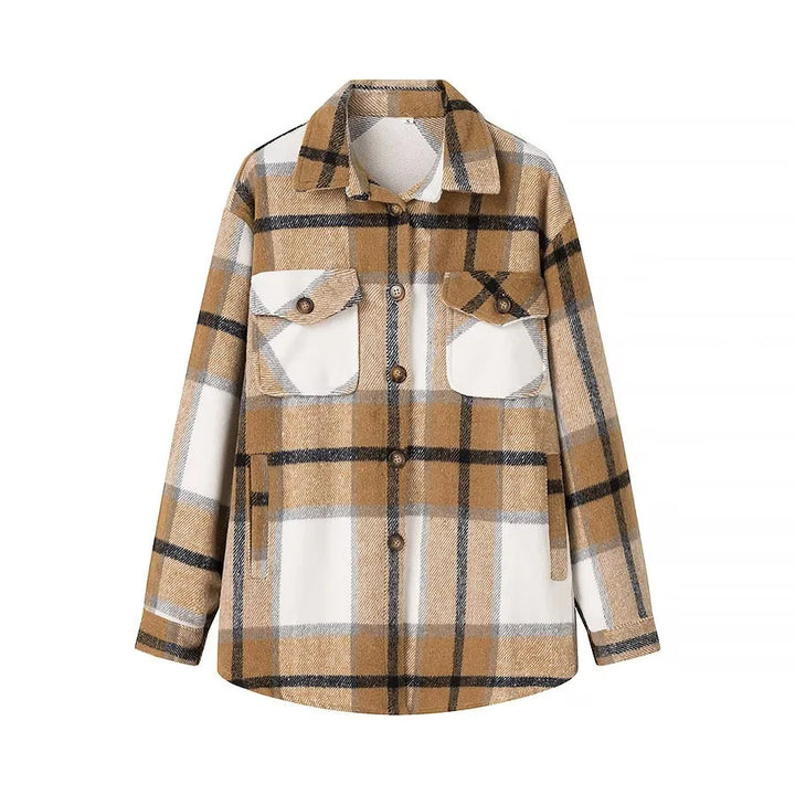 Damen nan kariertes Overshirt im Shacket‑Stil mit aufgesetzten Brusttaschen Drune