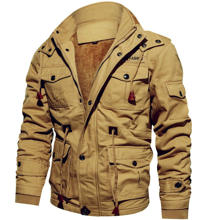 Herren Multifunktionale Canvas-Parka mit Teddyfutter, Kordelzug und Multitaschen Drune