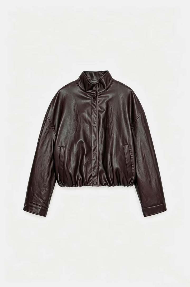 Damen Cropped Kunstleder‑Bomber mit Stehkragen, Druckknopfleiste und elastischem Bund Drune