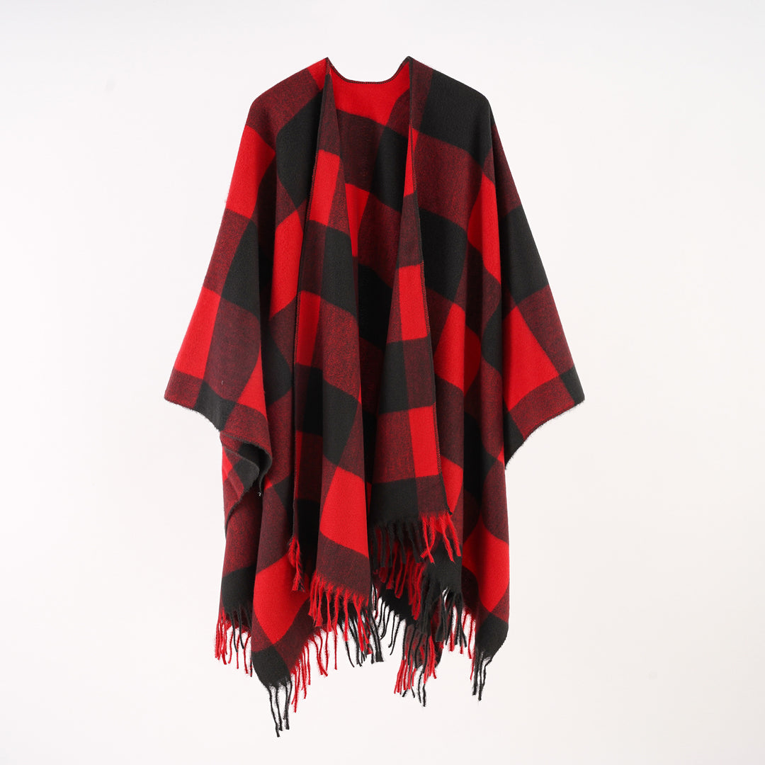 Damen Rechteckponcho im Ruana‑Stil aus Wollmix mit großen Karos und Fransensaum Drune