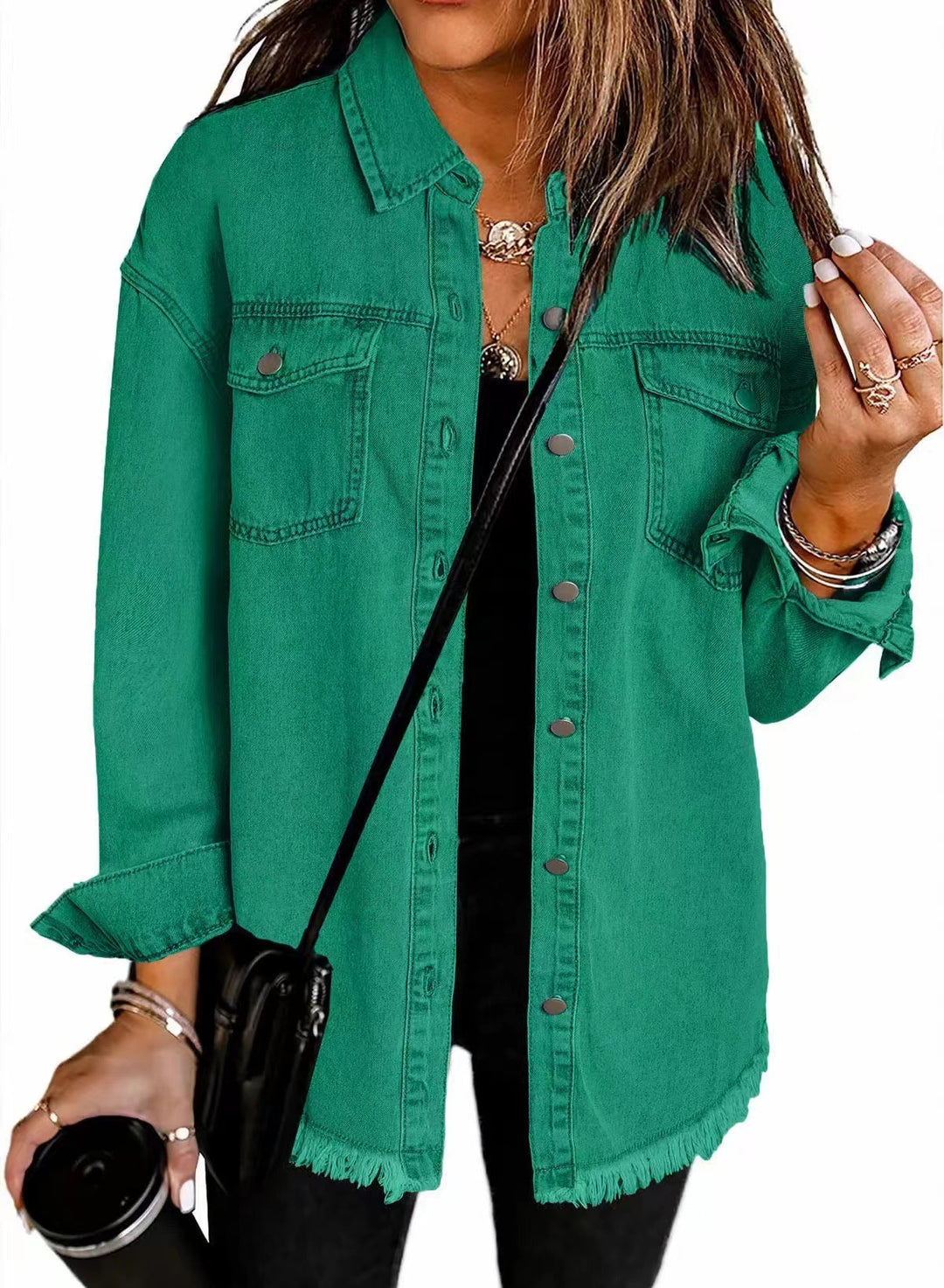 Damen Oversize Jeanshemdjacke mit Fransen und Brusttaschen Drune
