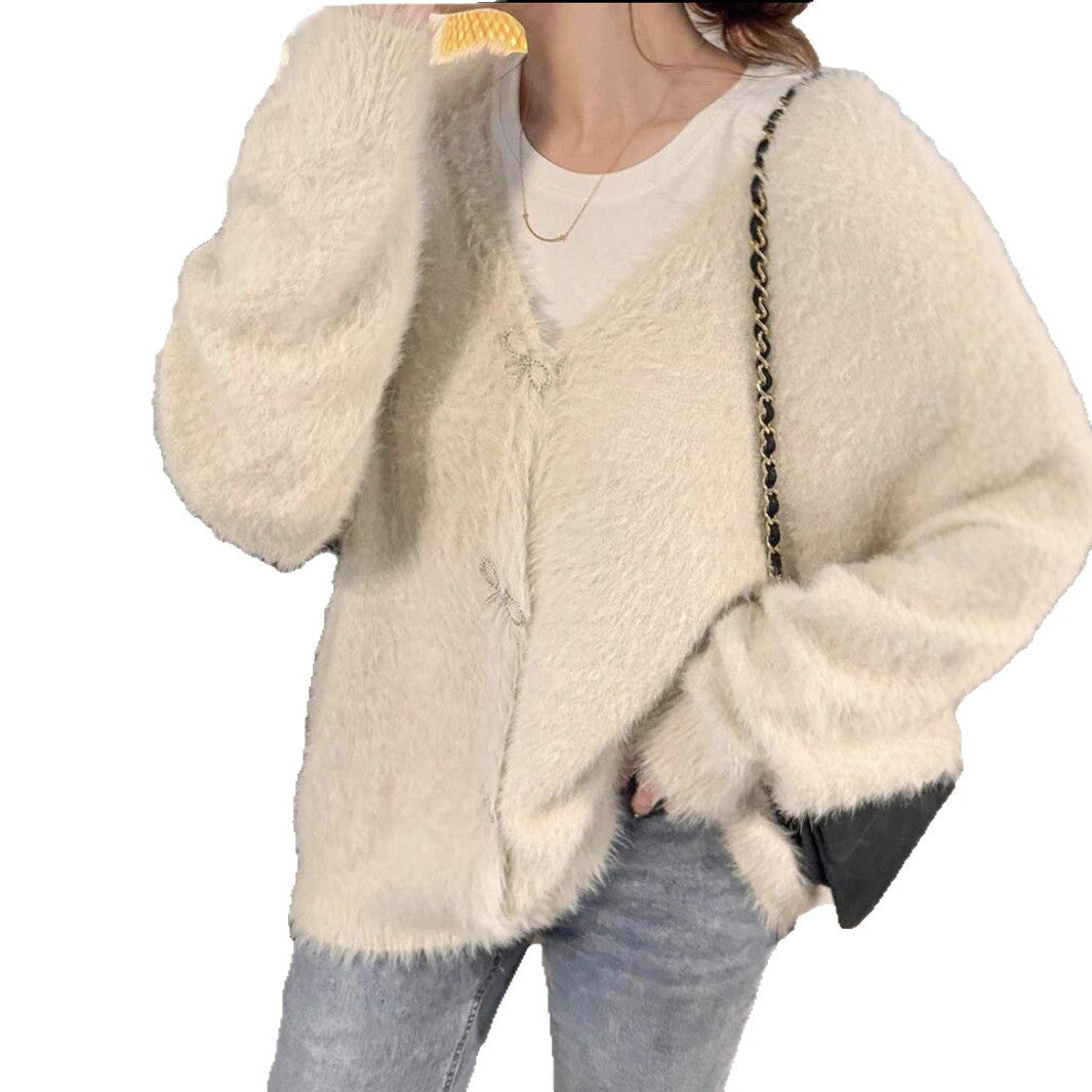 Damen Flauschiger Mohair‑Optik Cardigan mit dekorativen Schleifenverschlüssen Drune