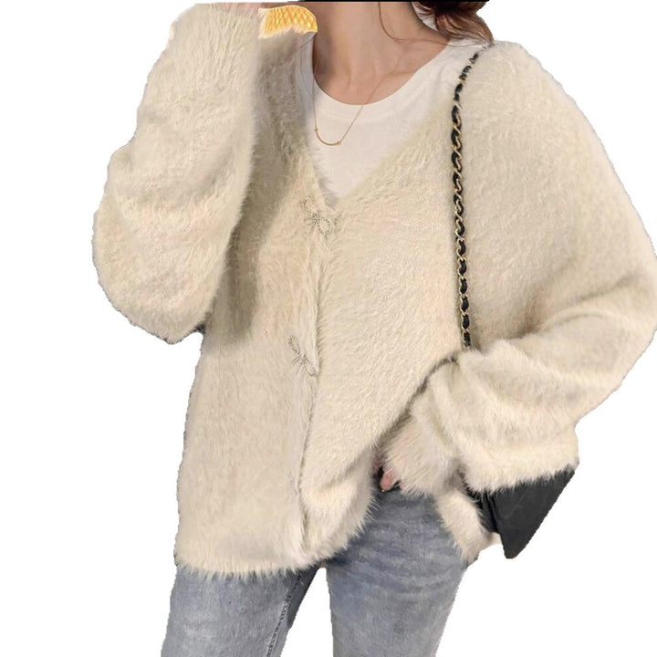 Damen Flauschiger Mohair‑Optik Cardigan mit dekorativen Schleifenverschlüssen Drune