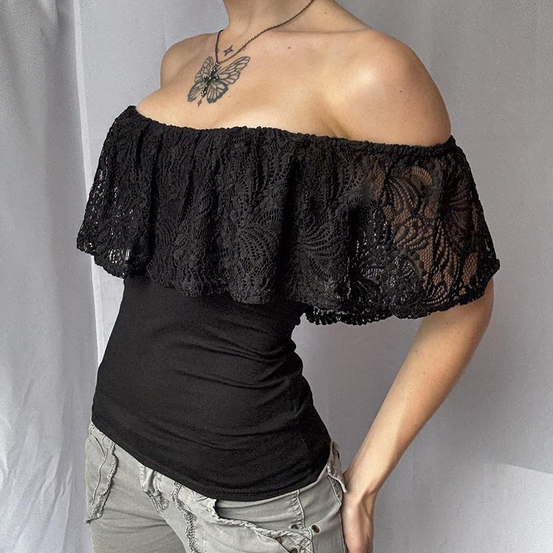 Damen Off-Shoulder Oberteil mit Rüschendetails und eleganten Spitzenakzenten Drune