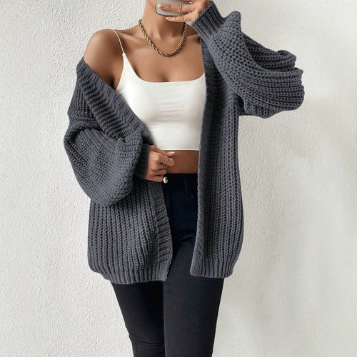 Damen nan Oversize-Strickcardigan mit grobem Waffelstrick, offener Front und voluminösen Ballonärmeln Drune