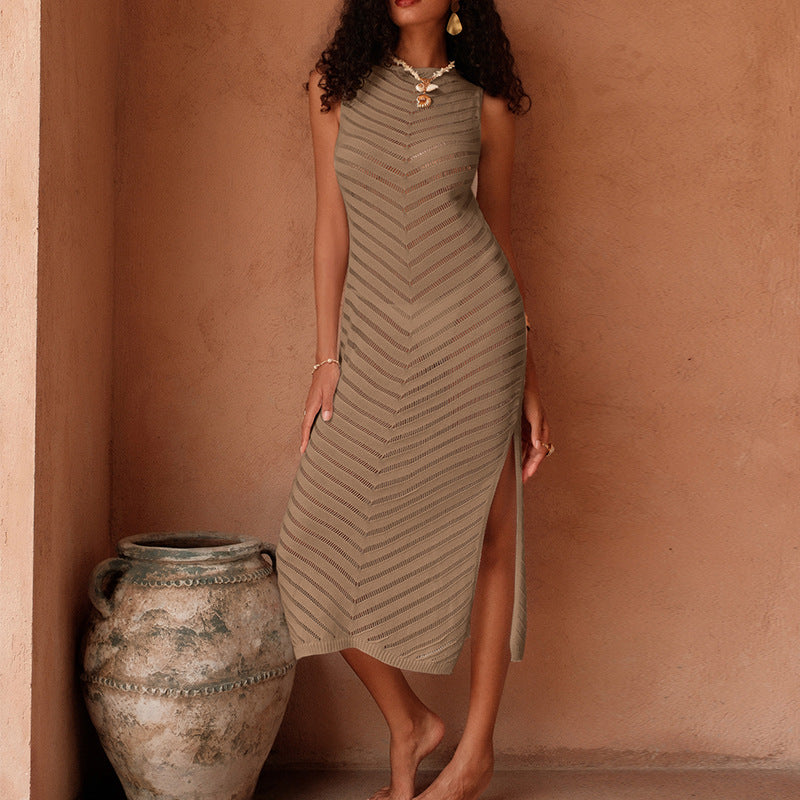 Damen elegantes gestricktes Maxikleid mit Strickmuster und seitlichem Schlitz Drune