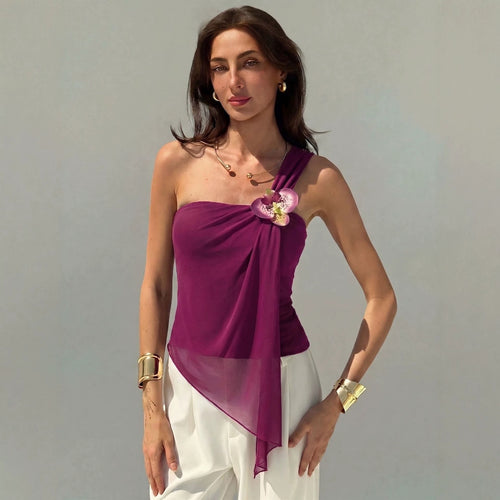 Damen nan asymmetrisches Einschulter-Chiffon-Oberteil mit Drapierung und Zierbrosche Drune