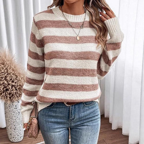 Damen lässiger Strickpullover mit breiten Querstreifen Drune