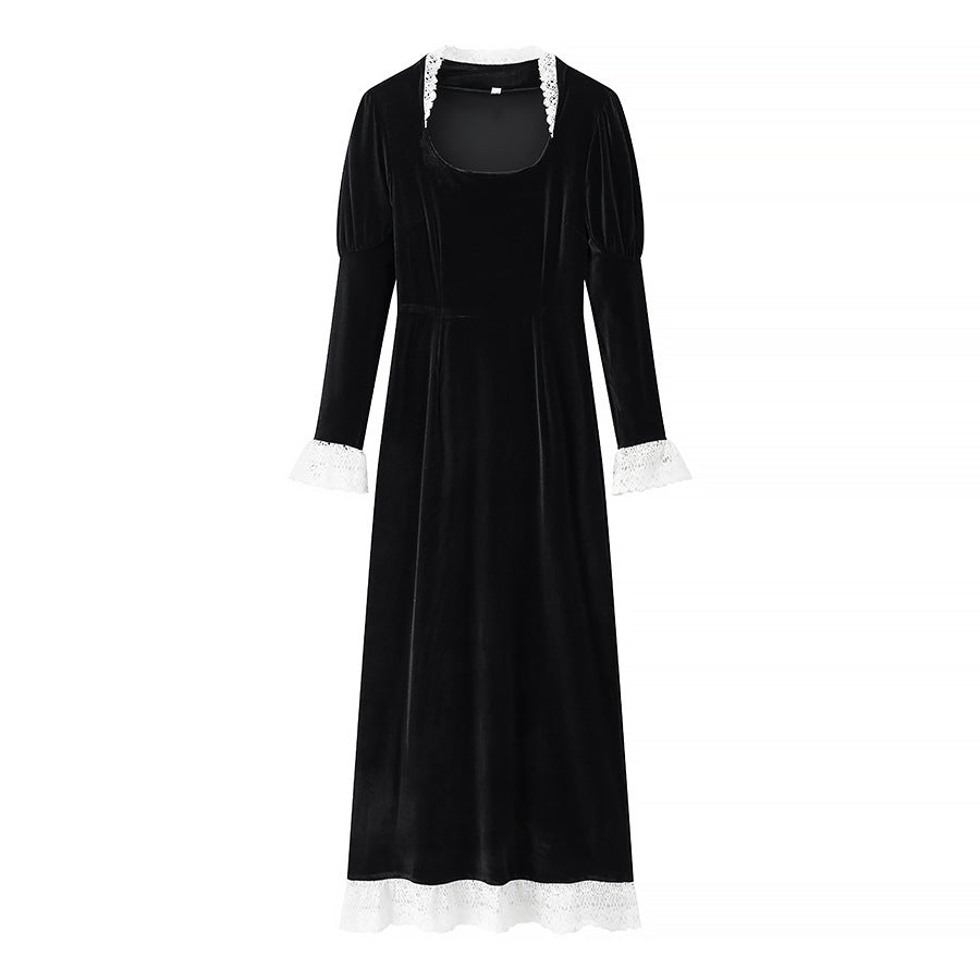 Damen Maxikleid aus Samt mit quadratischem Ausschnitt, Puffärmeln und Spitzenbesatz Drune