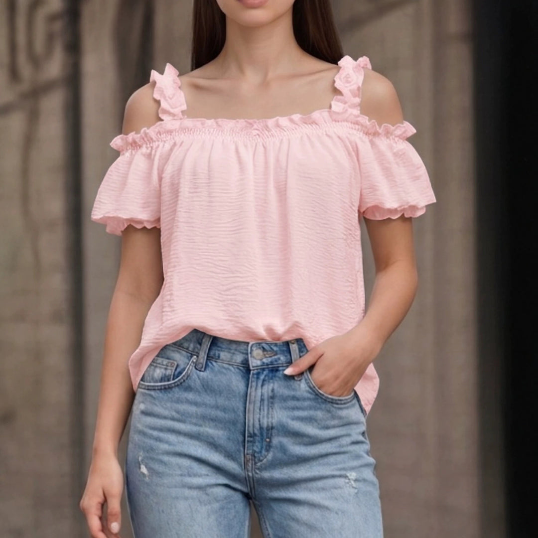 Damen Schulterfreies Crinkle-Top mit Smok-Bandeau, Rüschen‑Trägern und Flügelärmeln Drune