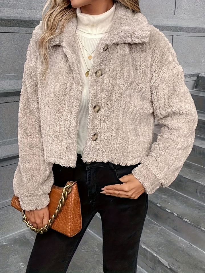 Damen Kurzjacke Teddy-Fleece mit Knopfverschluss und weitem Hemdkragen Drune