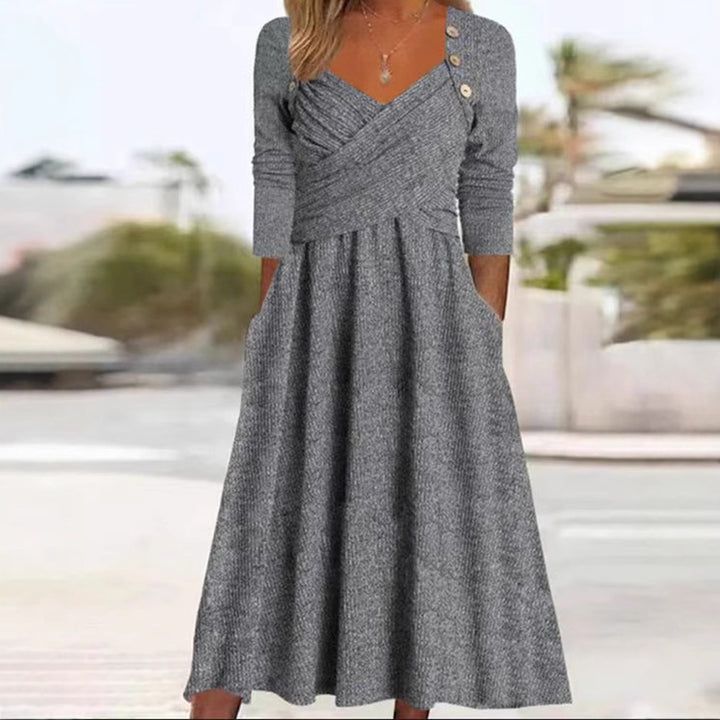 Damen nan legeres Strick-Maxikleid mit Wickeloberteil V-Ausschnitt Eingrifftaschen und Zierknopfleiste Drune