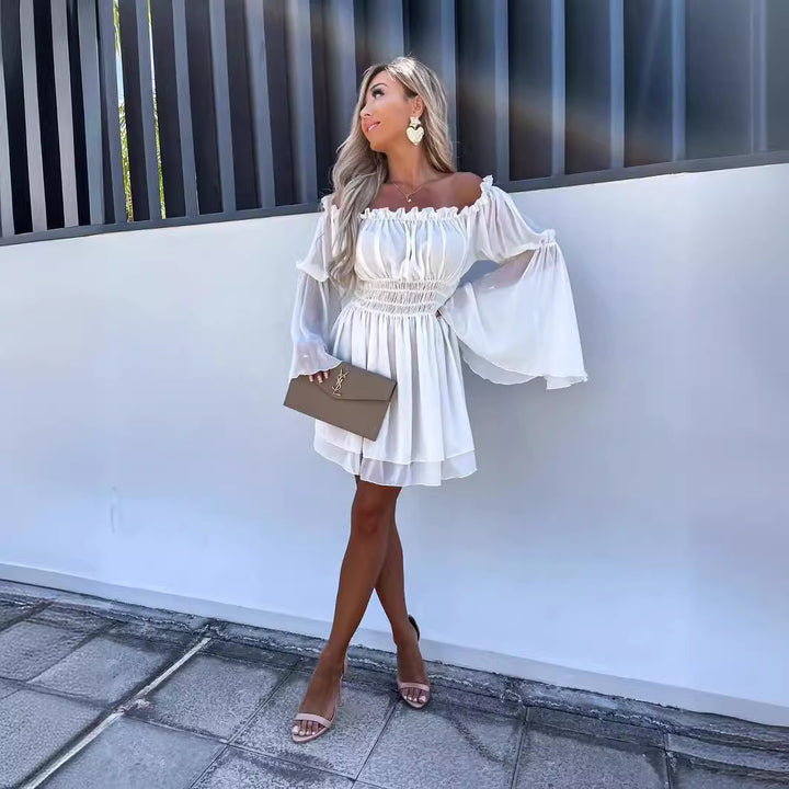 Damen Off-Shoulder Minikleid mit elastischem Taillenband und fließendem Stoff Drune
