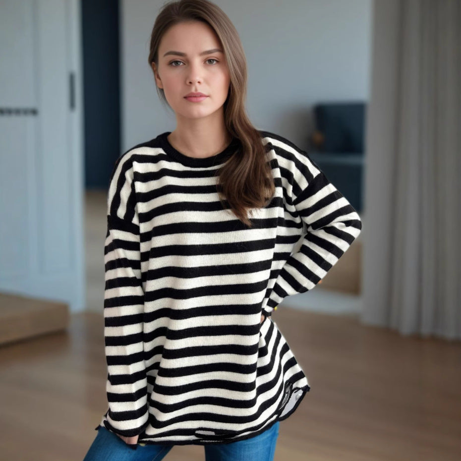Damen gestrickter Oversized-Pullover mit lässigem Streifenmuster Drune