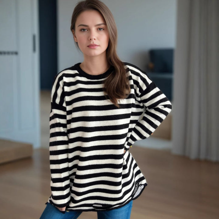 Damen gestrickter Oversized-Pullover mit lässigem Streifenmuster Drune