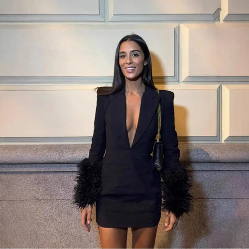 Damen Sexy Minikleid mit tiefem V-Ausschnitt und glamourösen Federärmeln Drune