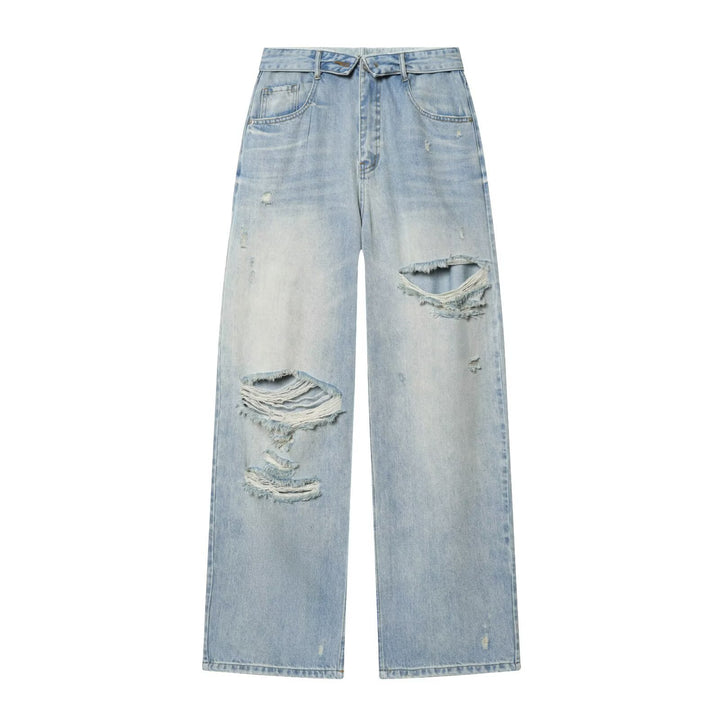 Damen High‑Waist Jeans mit weitem Bein, Destroyed‑Details und ausgefransten Knien Drune
