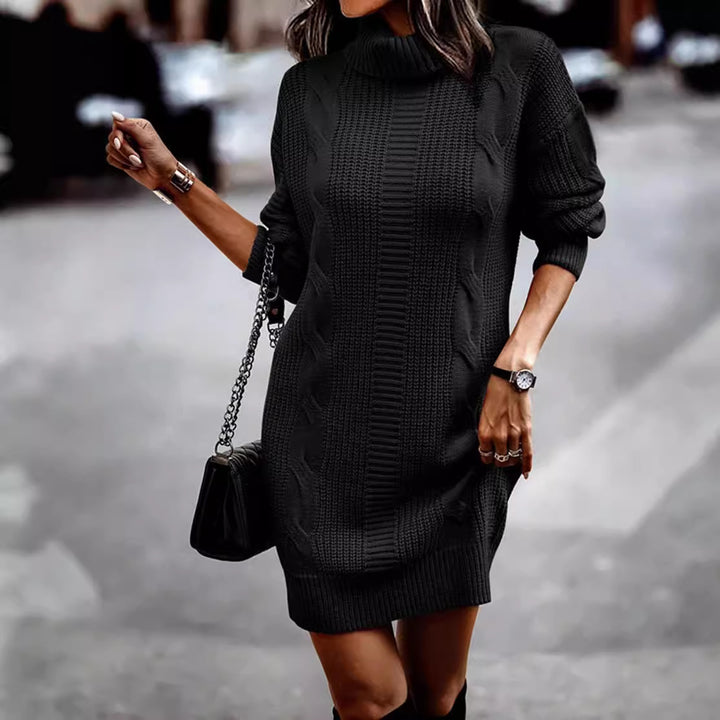 Damen Strickkleid mit modernem Zopfmuster und hochgeschlossenem Kragen Drune