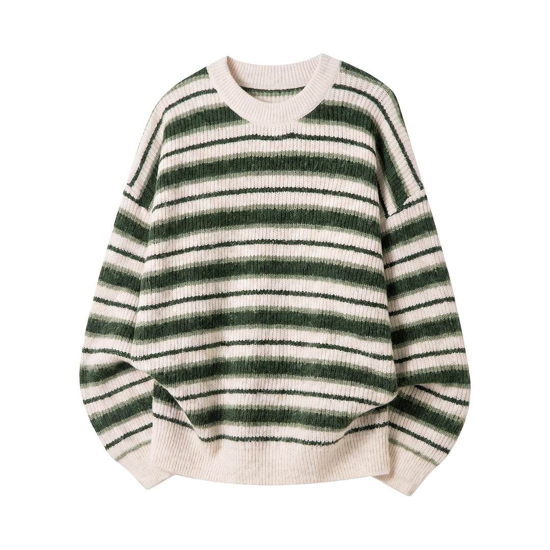 Unisex Gestreifter Oversize-Rippenstrickpullover mit Rundhalsausschnitt Drune