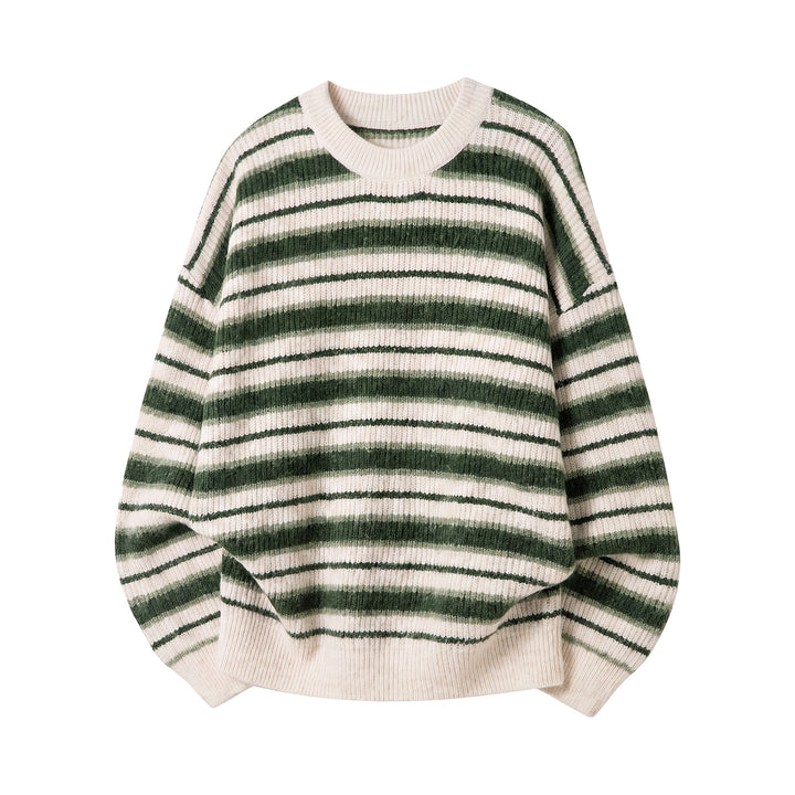 Unisex Gestreifter Oversize-Rippenstrickpullover mit Rundhalsausschnitt Drune