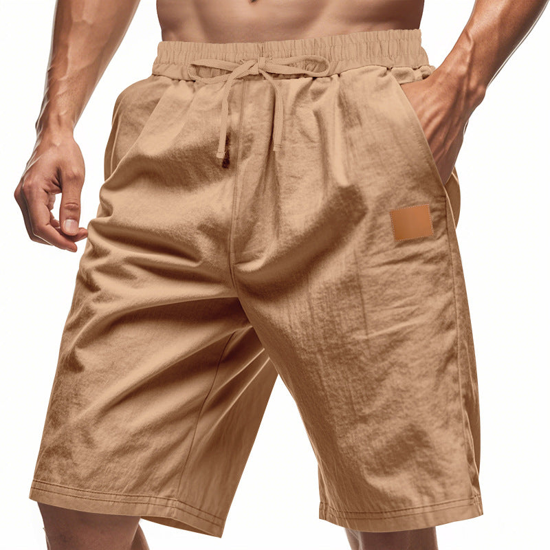 Herren nan leichte Freizeit-Bermudashorts mit Elastikbund, Kordelzug und dezenter Lederapplikation Drune