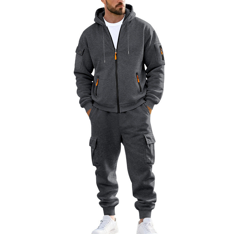 Herren nan urbanes Funktions-Cargo-Sweatset mit Kapuzenjacke, Reißverschlusstaschen und konisch zulaufender Cargo-Jogger Drune