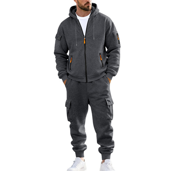 Herren nan urbanes Funktions-Cargo-Sweatset mit Kapuzenjacke, Reißverschlusstaschen und konisch zulaufender Cargo-Jogger Drune