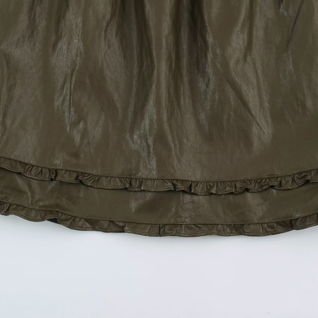 Damen Midirock aus beschichtetem Kunstleder mit elastischem Bund und doppellagigem Volantbesatz Drune