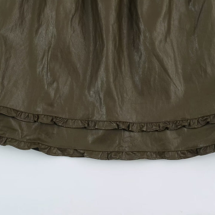 Damen Midirock aus beschichtetem Kunstleder mit elastischem Bund und doppellagigem Volantbesatz Drune