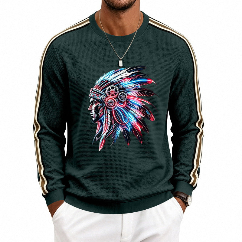 Herren Sweatshirt mit stilisiertem Kopfschmuck-Print und Kontraststreifen an den Ärmeln Drune