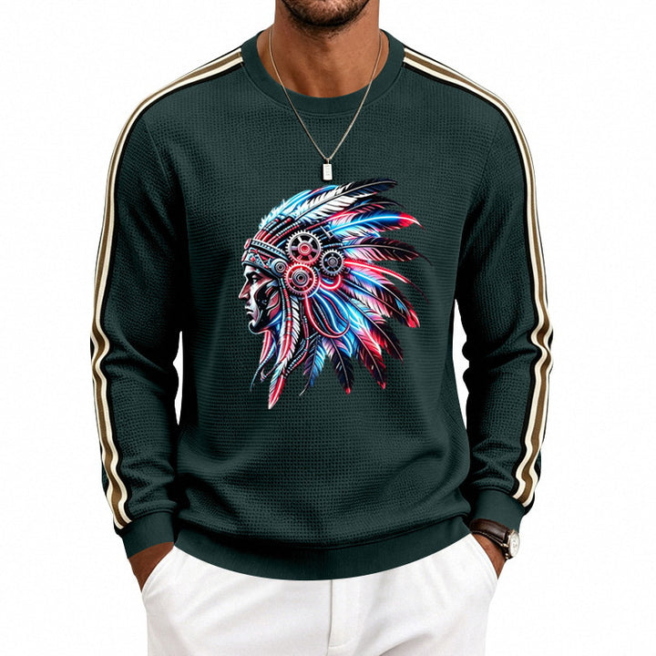 Herren Sweatshirt mit stilisiertem Kopfschmuck-Print und Kontraststreifen an den Ärmeln Drune