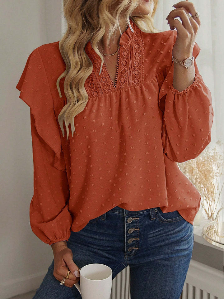 Damen Viskose-Bluse mit Spitzenstickerei und Volantärmeln Drune