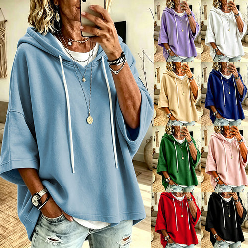 Damen Kurzarm-Oversize-Hoodie mit Kapuze und Kontrastkordel Drune