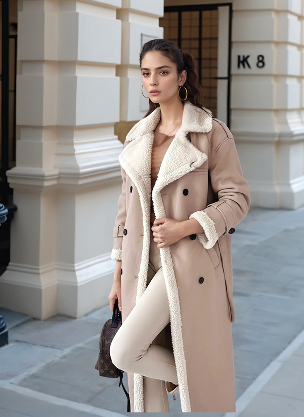 Damen Langer Mantel mit Teddyfutter, doppelreihiger Knopfleiste und tailliertem Schnitt Drune