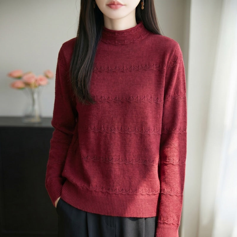 Damen Leichter Ajourstrick-Pullover mit kurzem Stehkragen und feinem Rippsaum Drune
