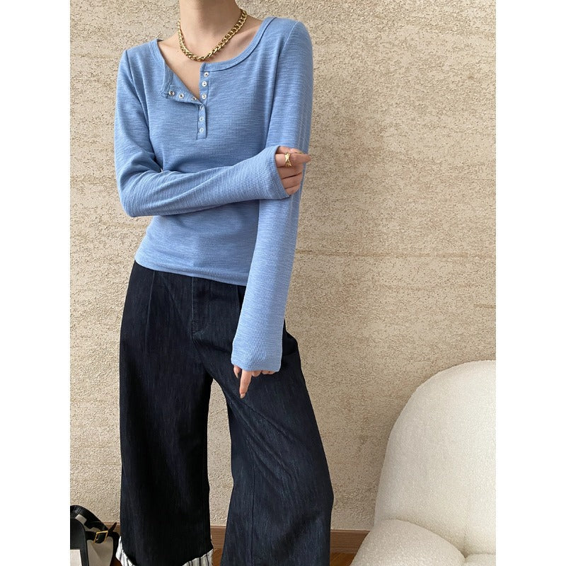 Damen Langarm-Henley-Shirt mit Knopfdetails Drune