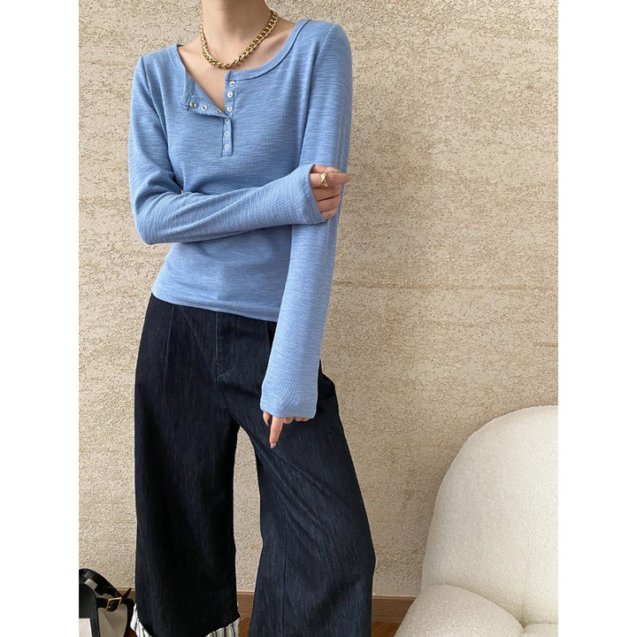 Damen Langarm-Henley-Shirt mit Knopfdetails Drune