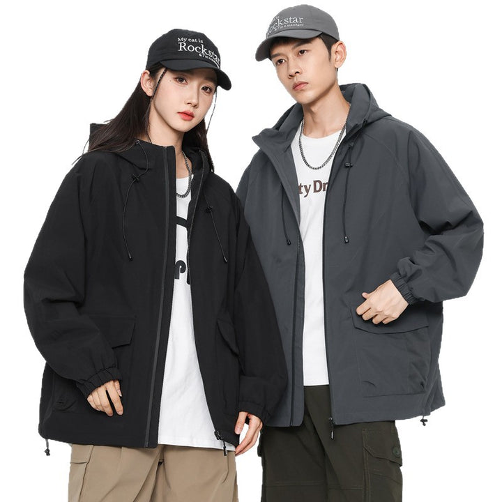 Damen Oversize Windbreaker Jacke mit Kapuze und Cargotaschen Drune
