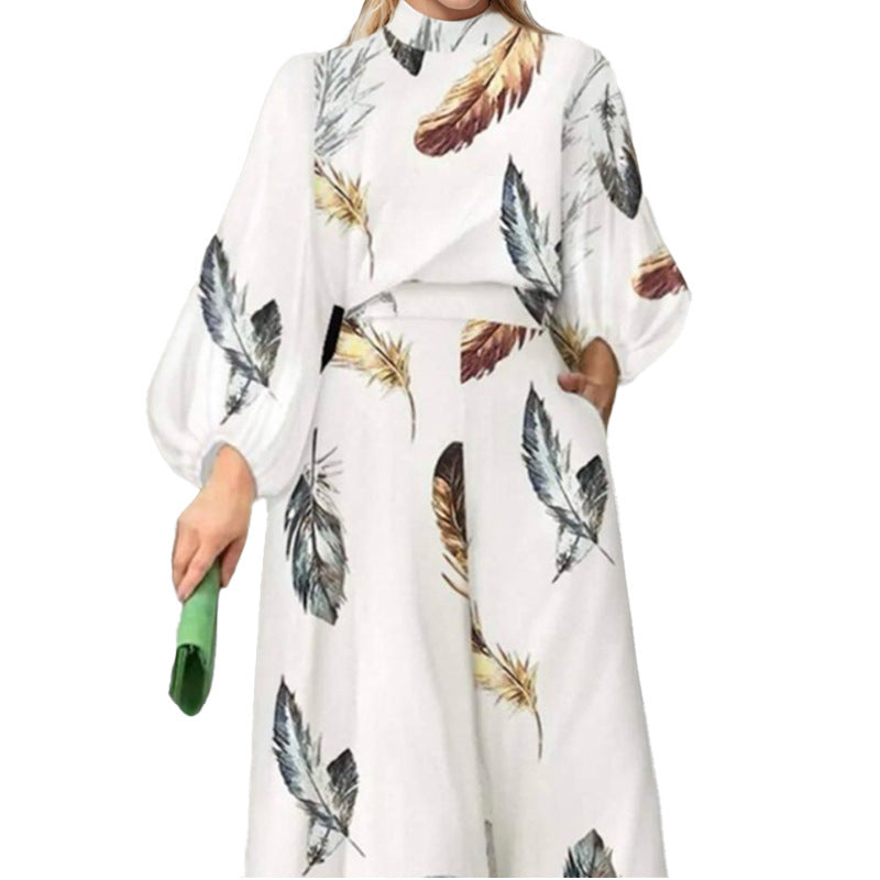 Damen Elegantes Zweiteiliges Set mit balloonförmigen Ärmeln und Federdesign Drune