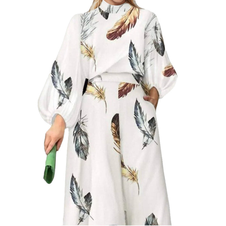 Damen Elegantes Zweiteiliges Set mit balloonförmigen Ärmeln und Federdesign Drune