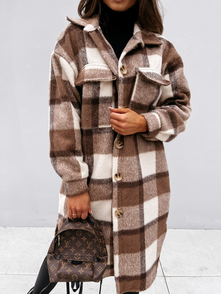 Damen Karierter Wollmantel mit Knopfdetails und praktischen Taschen Drune