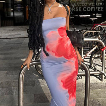 Damen elegantes Langkleid mit zartem Farbverlauf und Spaghettiträgern Drune