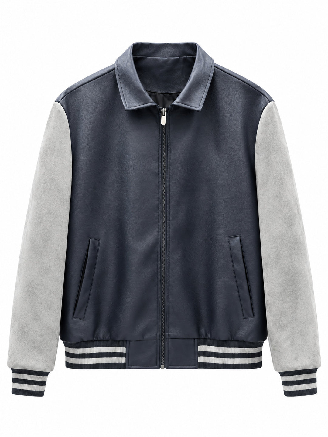Herren Retro Letterman‑Bomber mit glattem Kunstlederkörper und Veloursärmmel-Detail Drune