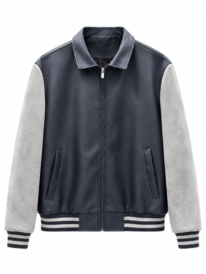 Herren Retro Letterman‑Bomber mit glattem Kunstlederkörper und Veloursärmmel-Detail Drune
