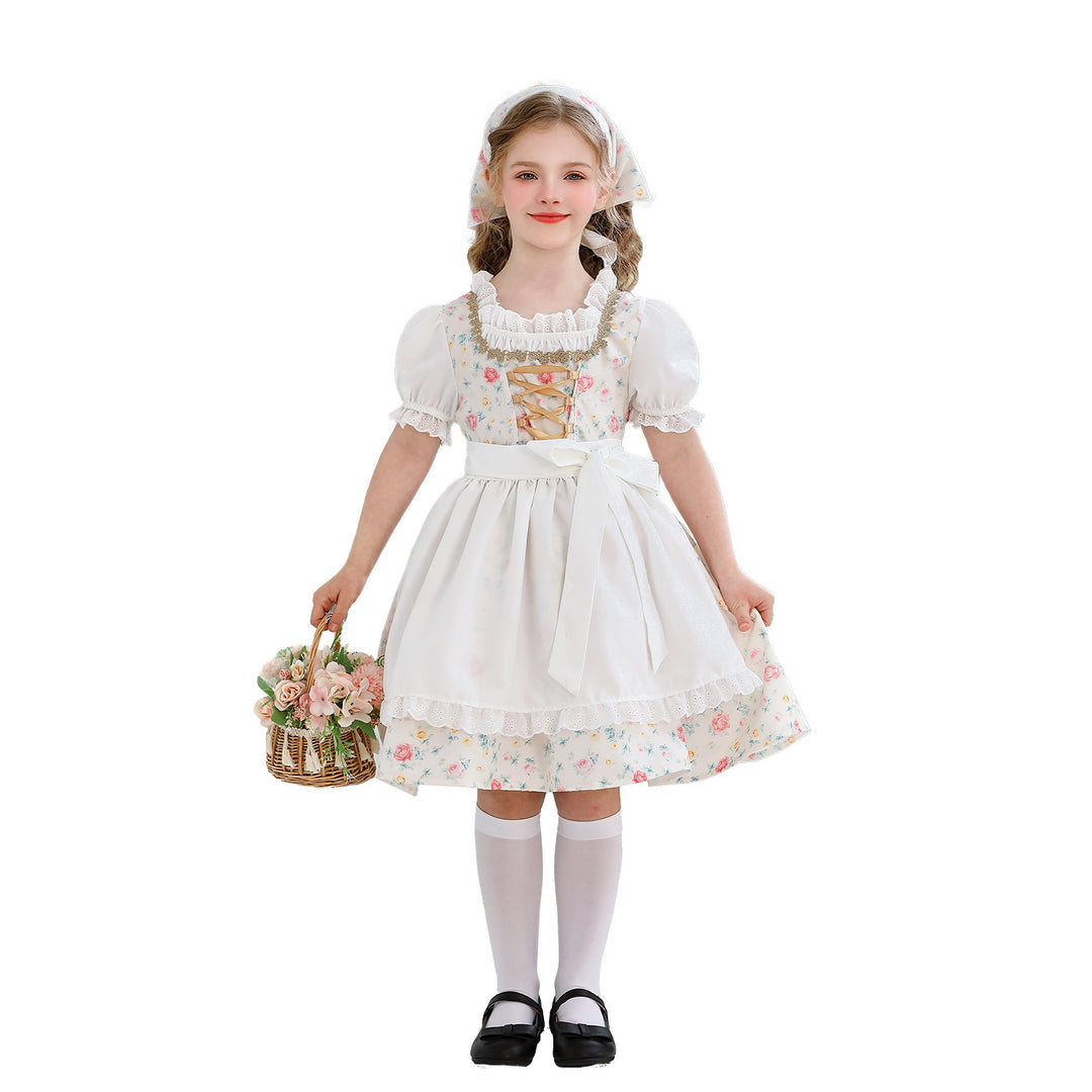 Damen nan traditionelles Dirndlkleid für Mädchen mit bestickter Schürze, Rüschenkragen und passendem Kopftuch Drune