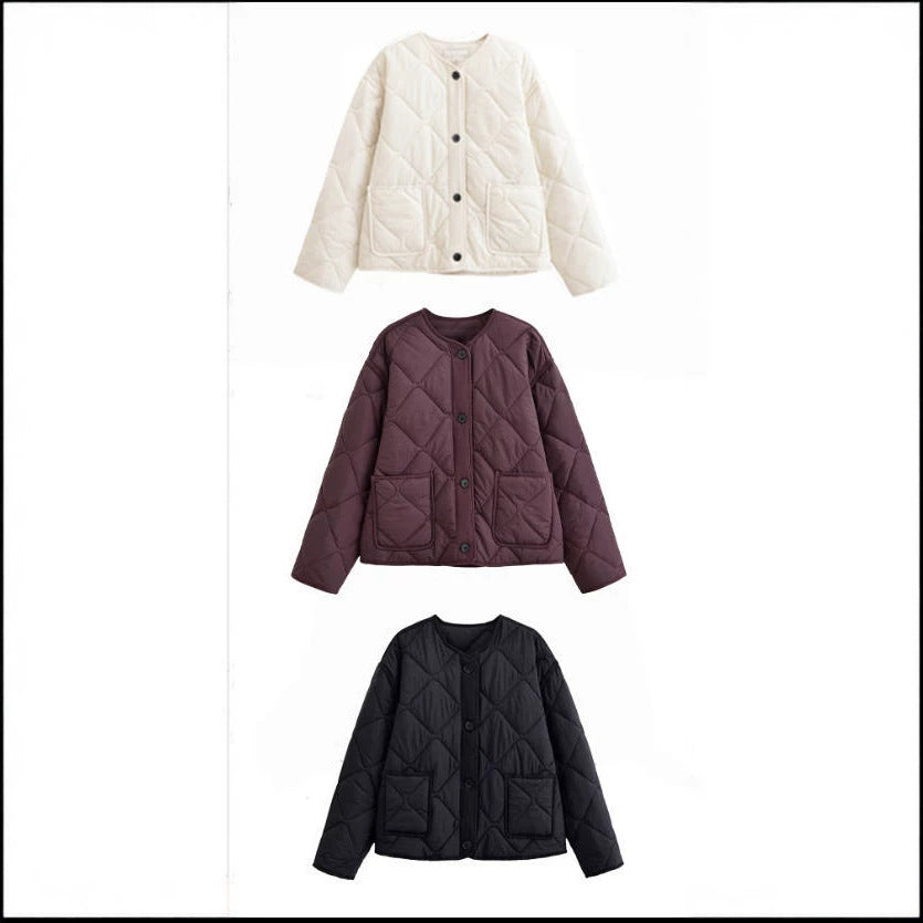 Damen 10+ gefütterte gesteppte Boxy‑Kurzjacke mit Rundhalsausschnitt, durchgehender Knopfleiste und aufgesetzten Taschen Drune